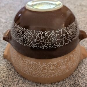 Vintage Pyrex Woodland Brown Mixing Bowls #442 & #443 Nesting Cinderella USA